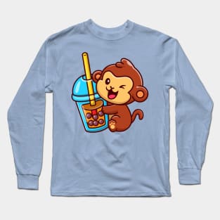 Cute Monkey With Bubble Milk Tea Cartoon Long Sleeve T-Shirt